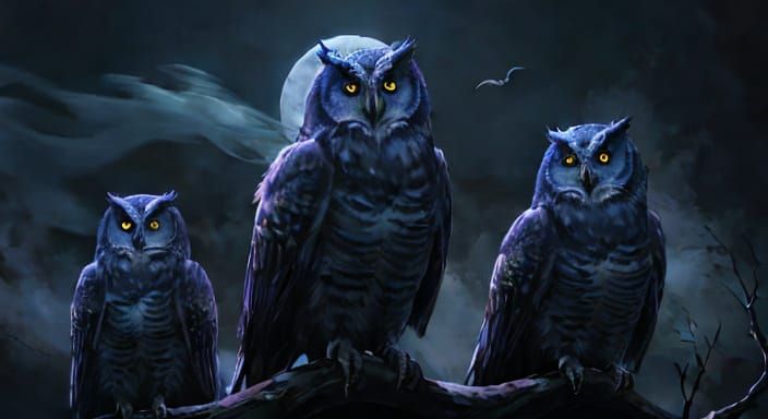 Owls in Smoke-Filled Sky: A Dark Fantasy Oil Painting