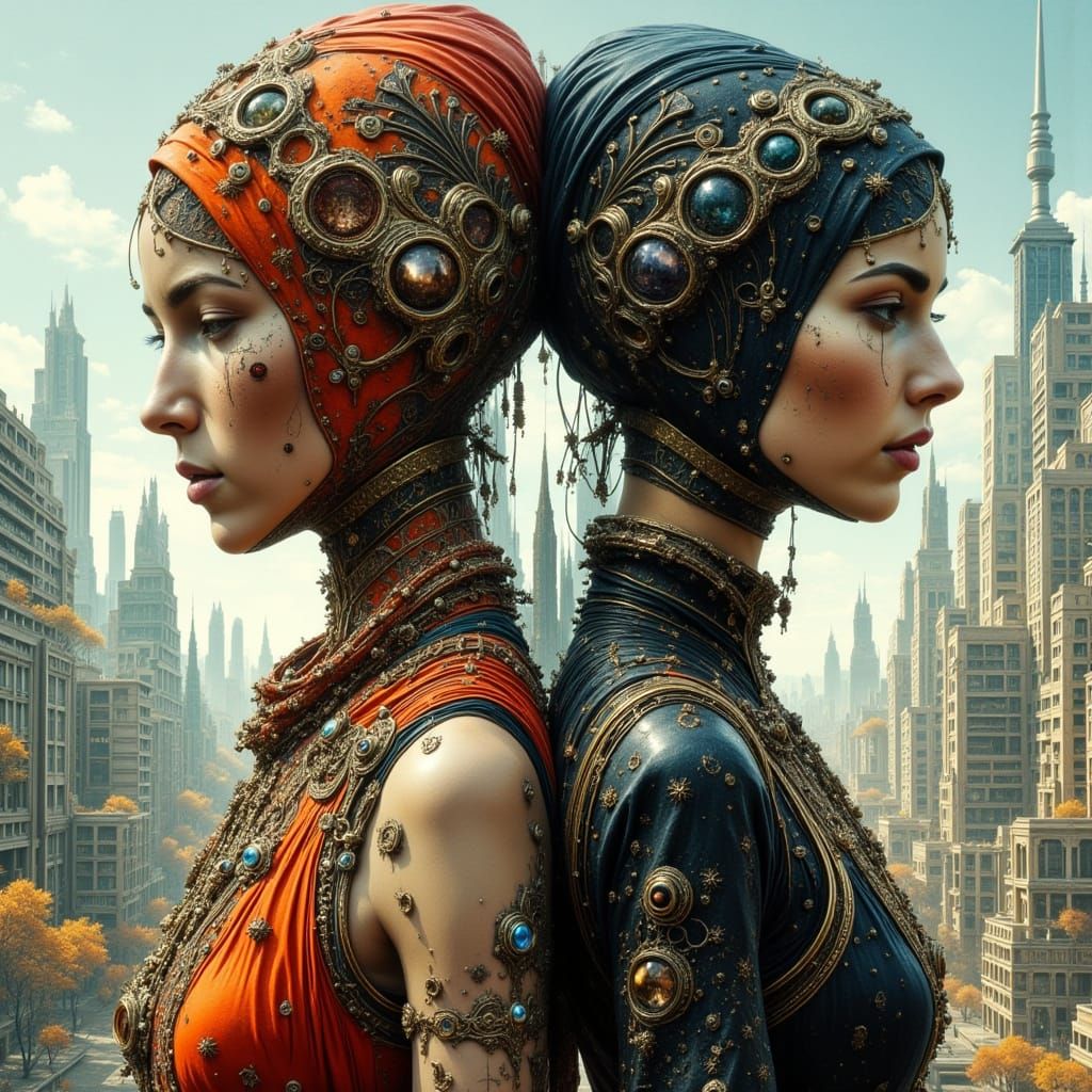 Medieval Woman Meets Hypermodern Woman in Urban Landscape