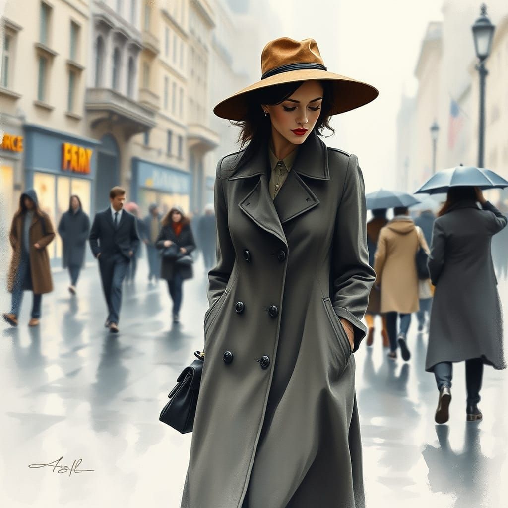 Woman Contemplates Rainy City Street