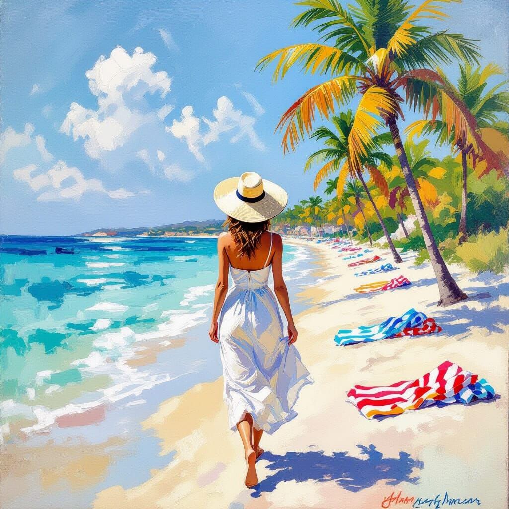 Impressionistic Beach Scene with Woman in Sundress