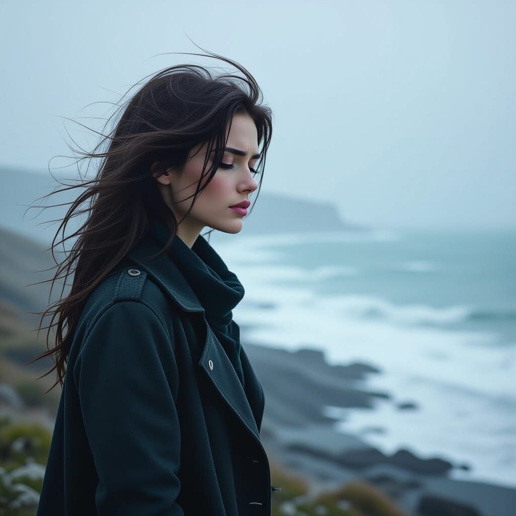 Woman on Windswept Coast in Fantasy Art Style