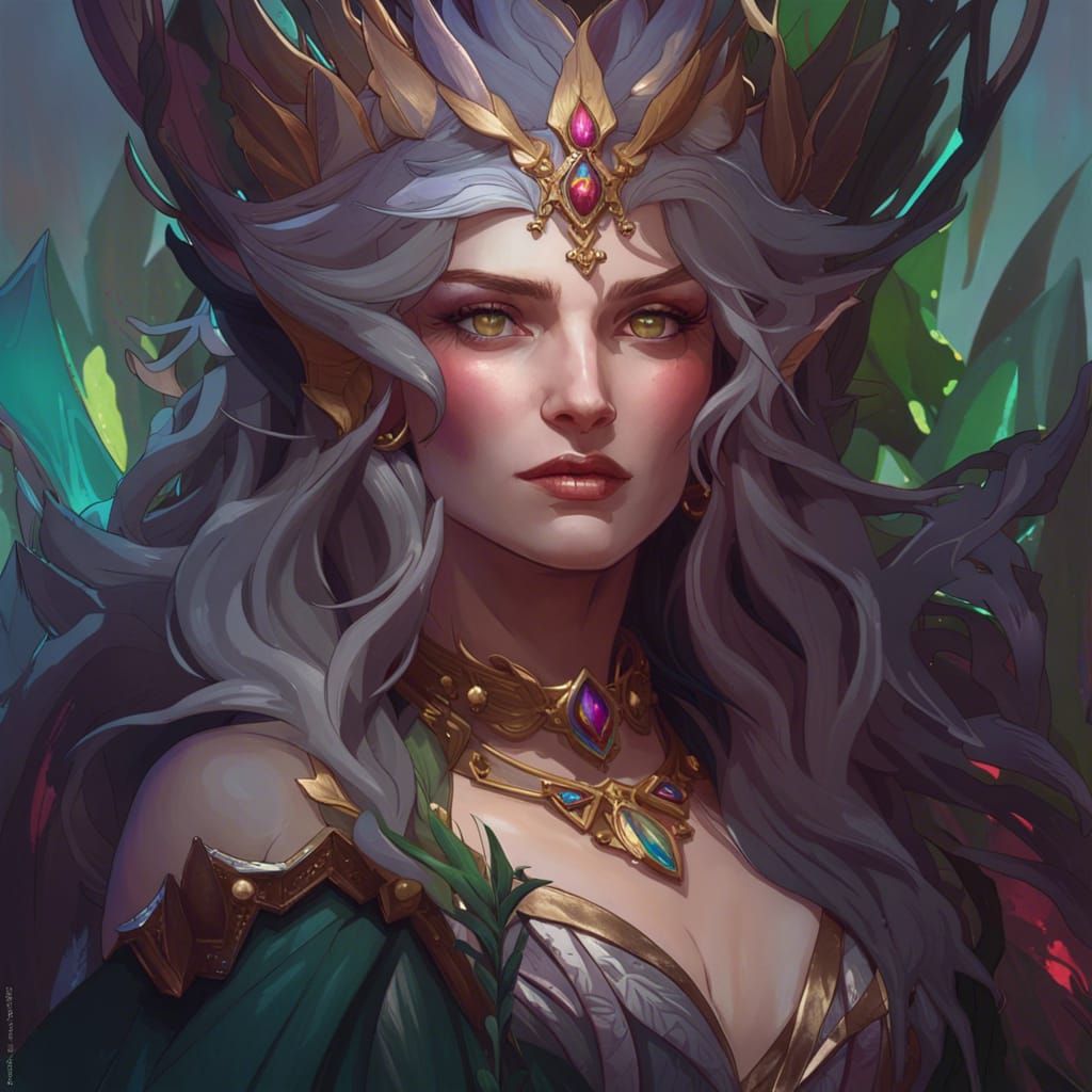 Elven Witch-Queen Portrait in Art Nouveau Style