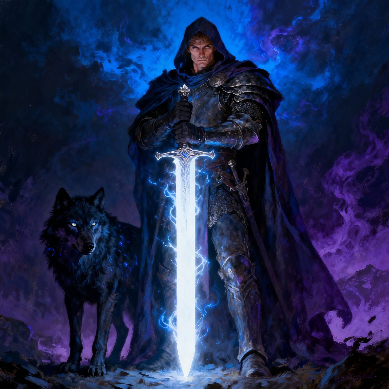 Powerful Knight With Magic Wolf And Glowing Sword