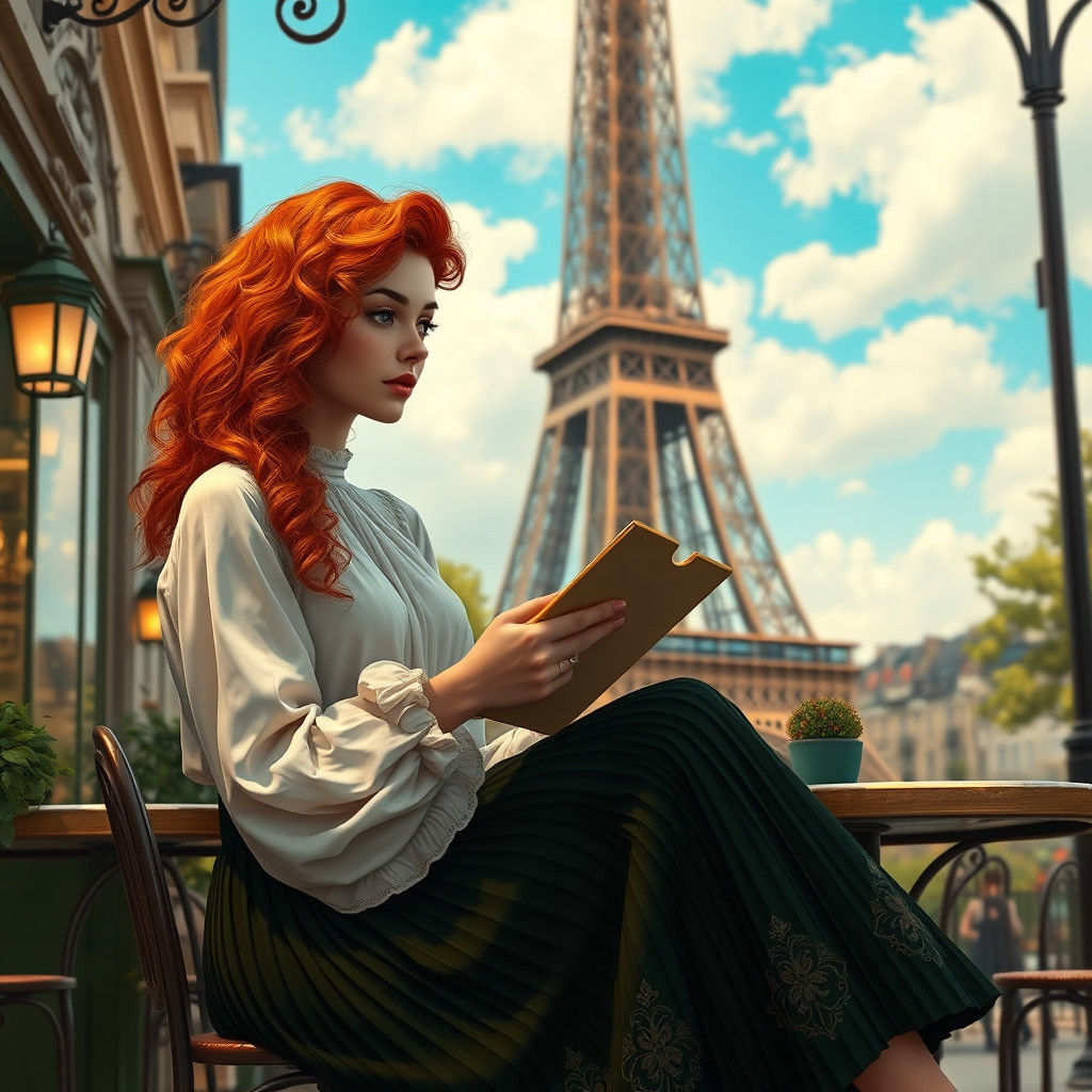 Parisian Cafe Scene with Red-Haired Woman, Matte Painting