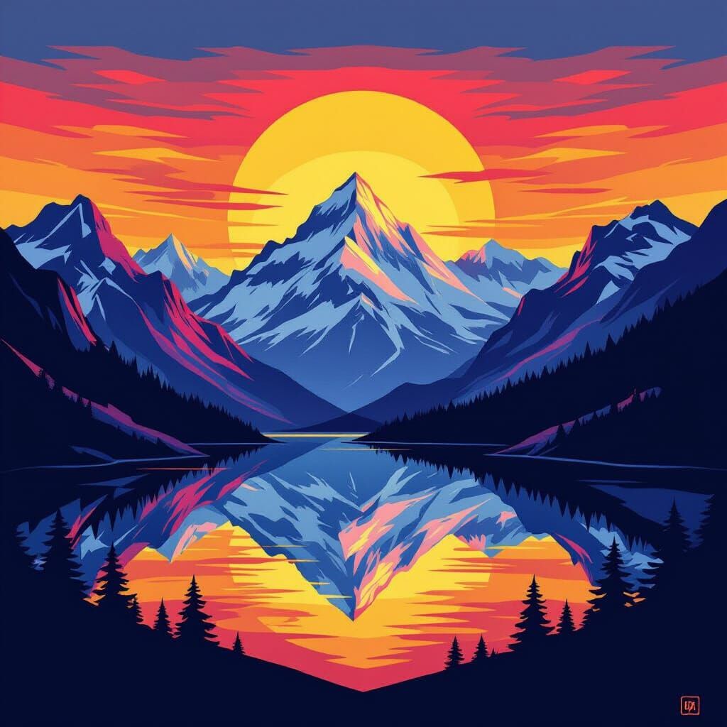 Mountain Sunrise with Bauhaus Geometric Pop Art Elements