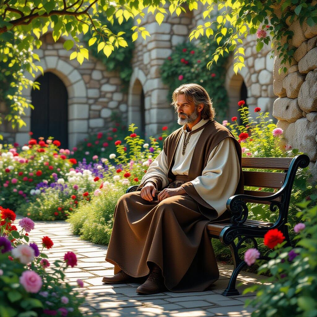 Cleric in Castle Garden: A Classical Realistic Painting