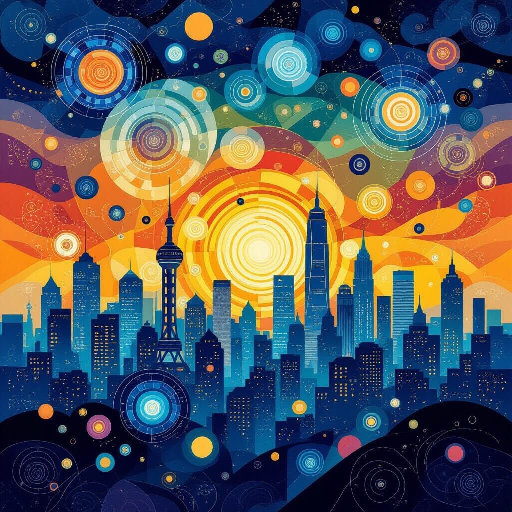 Sunset Skyline Vector Art with Phosphorescent Light