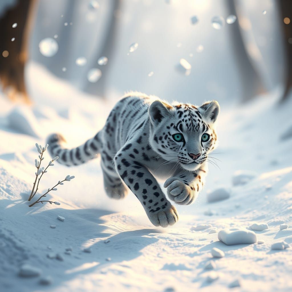 Baby Snow Leopard Runs Free in Snowy Landscape in Vibrant 8K...