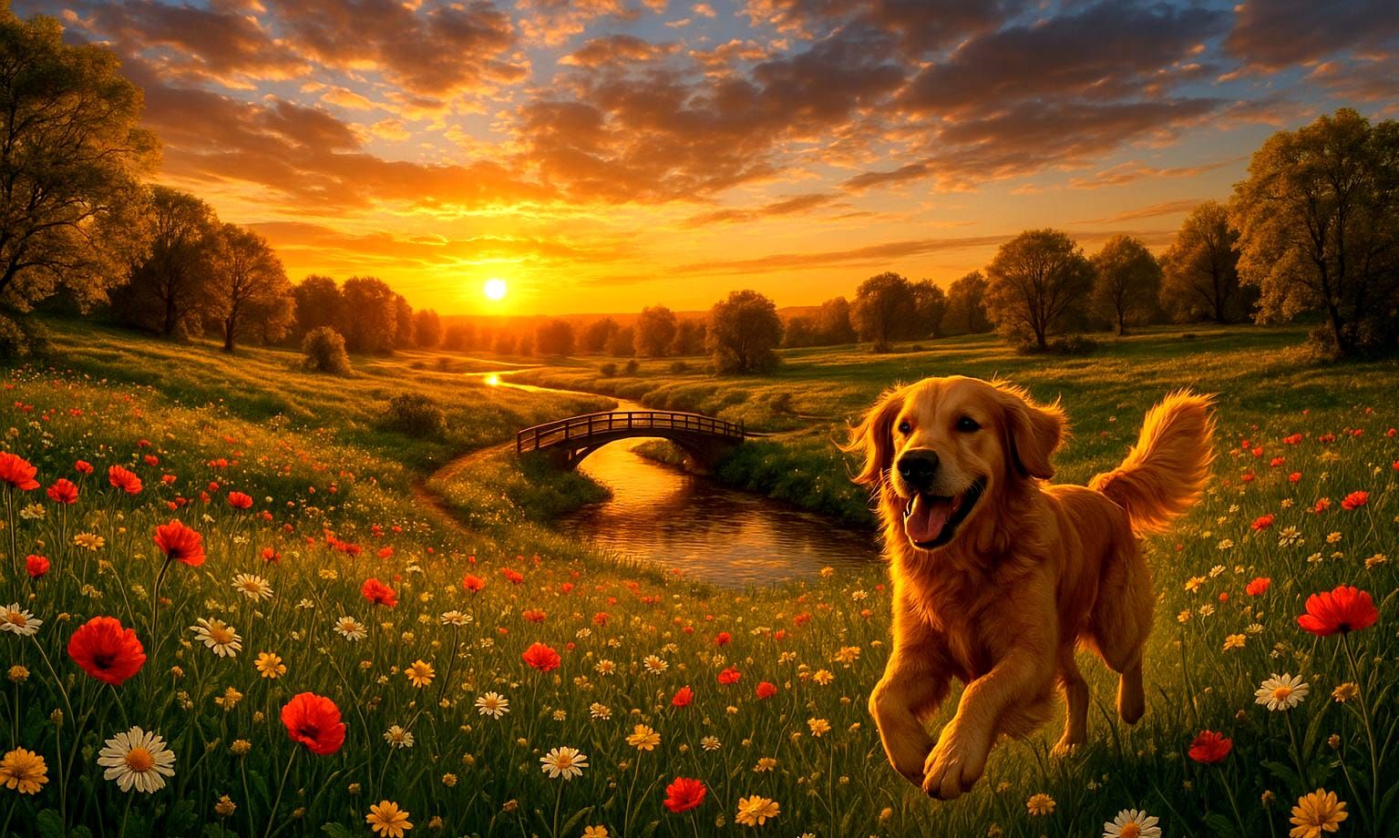 Golden Retriever Runs Through Spring Meadow at Sunset
