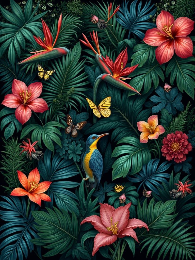 Lush Tropical Flora and Fauna in Maximalist Style