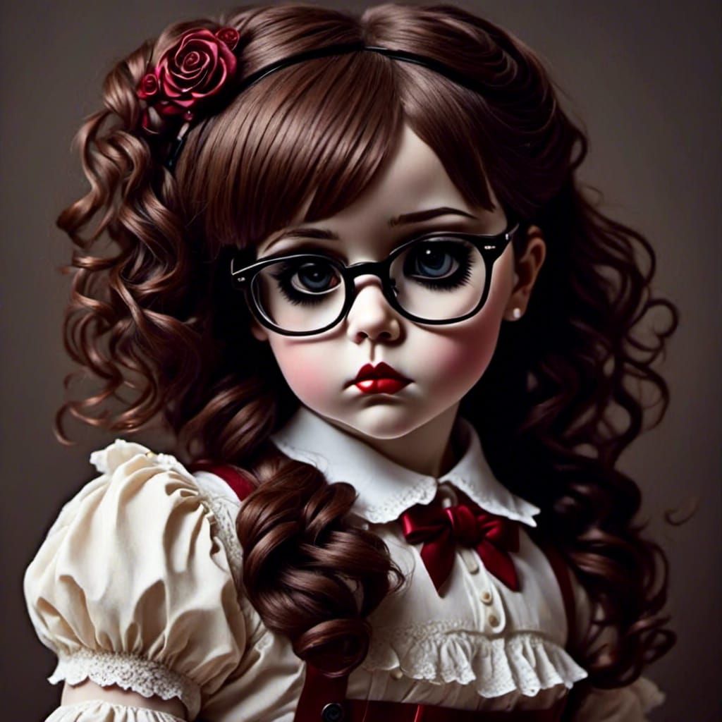 Cracked Porcelain Doll with Brown Hair and Glasses