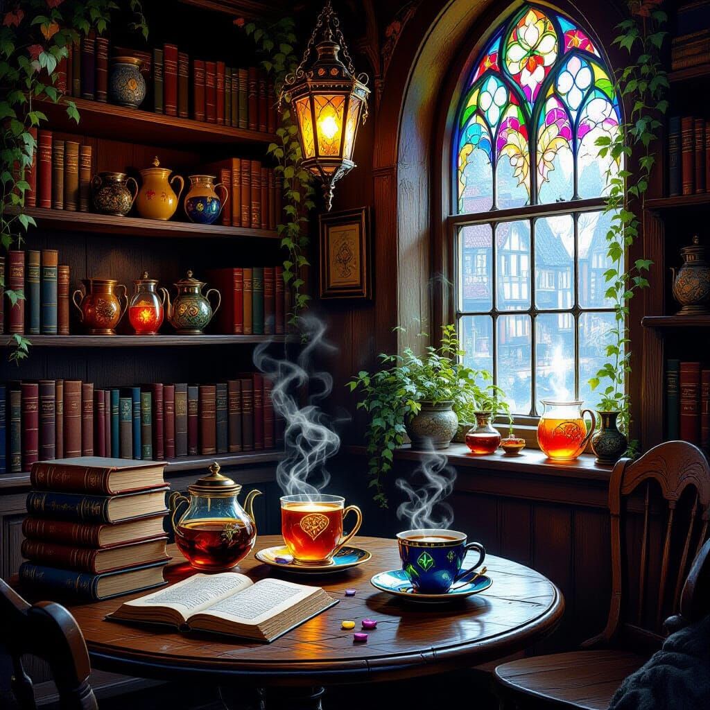 Enchanted Cafe Scene With Spellbooks and Glowing Runes