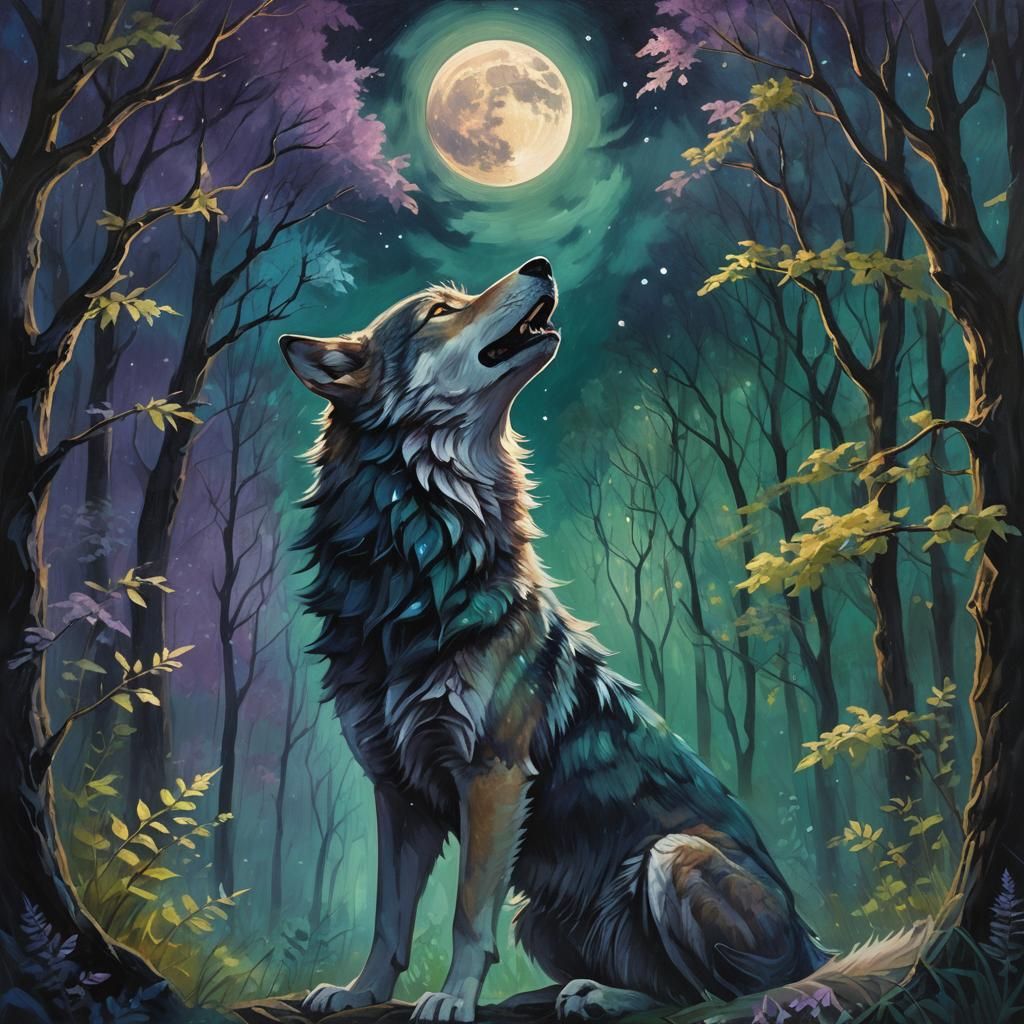 Mystical Wolf Howling at Moon, Oil on Canvas