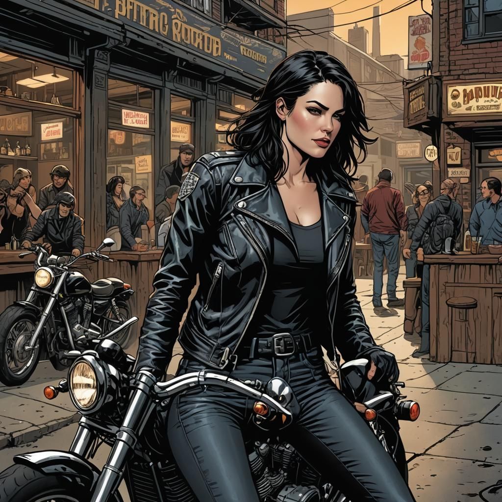 Biker Chick Outside Bar in Comic Book Art Style