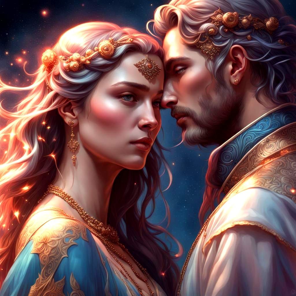 Twin Flames in Starry Portrait, Digital Art