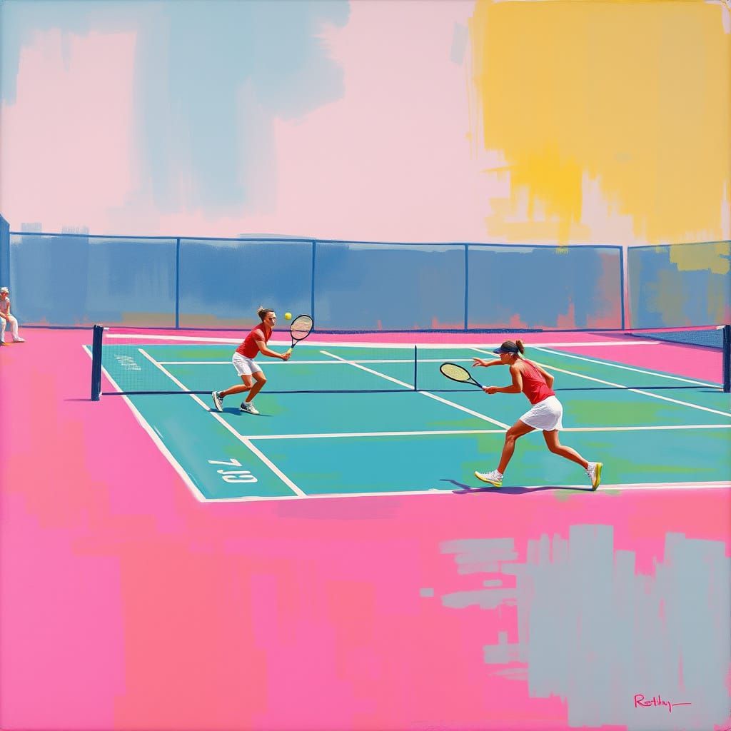 Tennis Players on Court in Abstract Expressionism Style