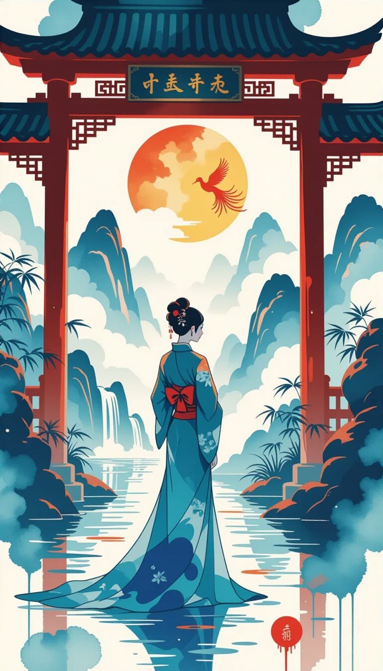 Chinese Woman in Bamboo Garden Watercolor Painting