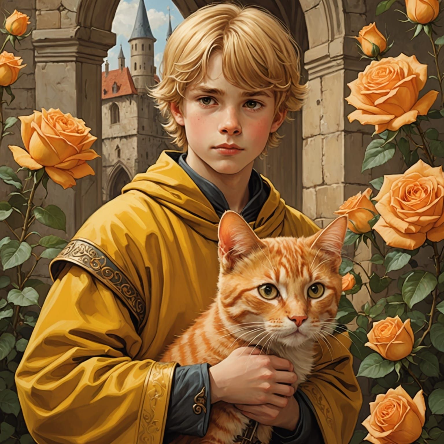 Medieval Boy with Cat in Rose Garden