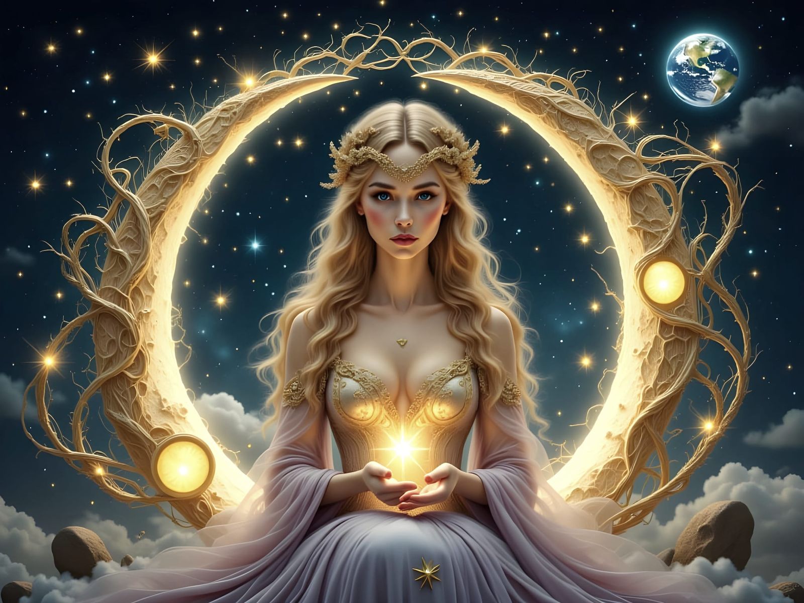 Mystical Woman on Moon with Glowing Star