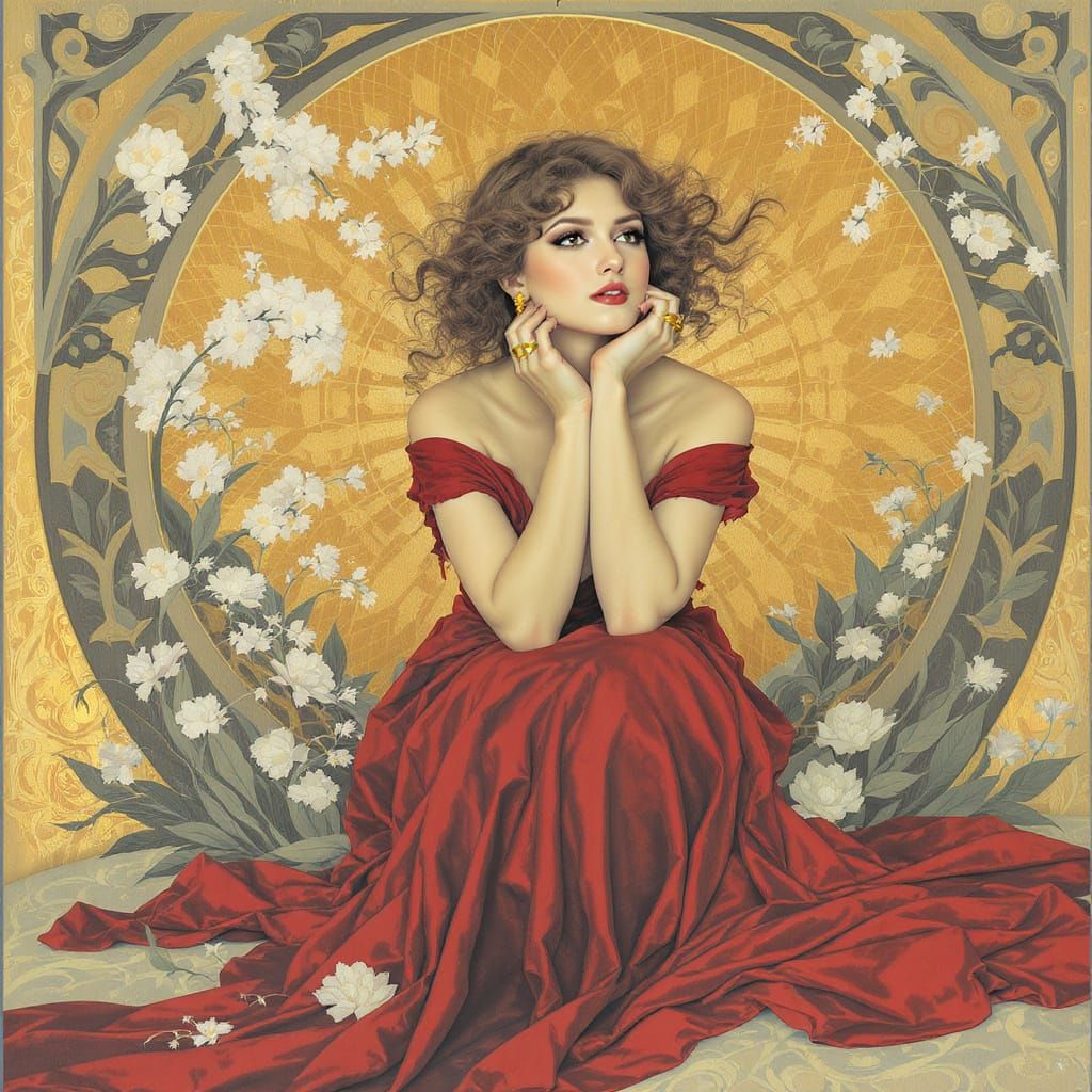 Art Nouveau Woman with Flowers in Red Dress