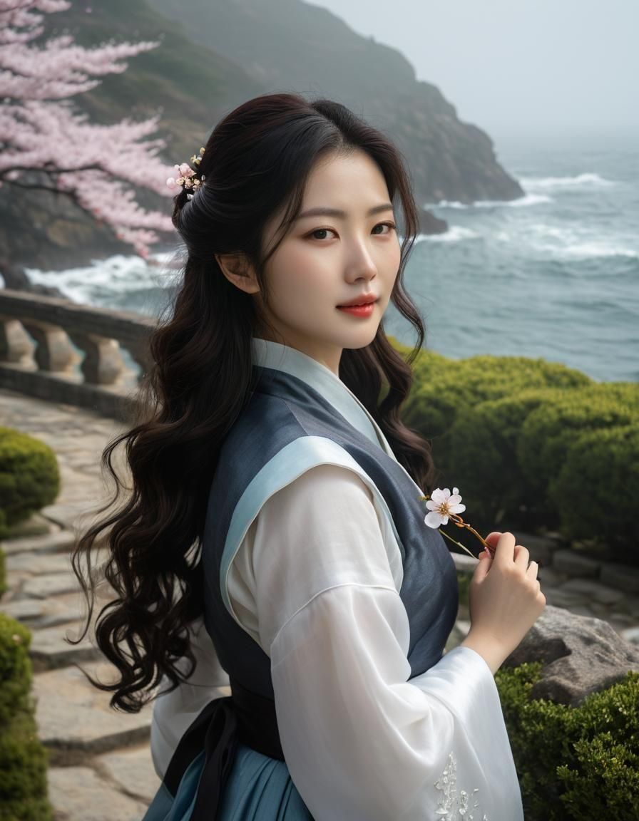 Chiaroscuro Oil Painting: Korean Woman in Monastery Garden