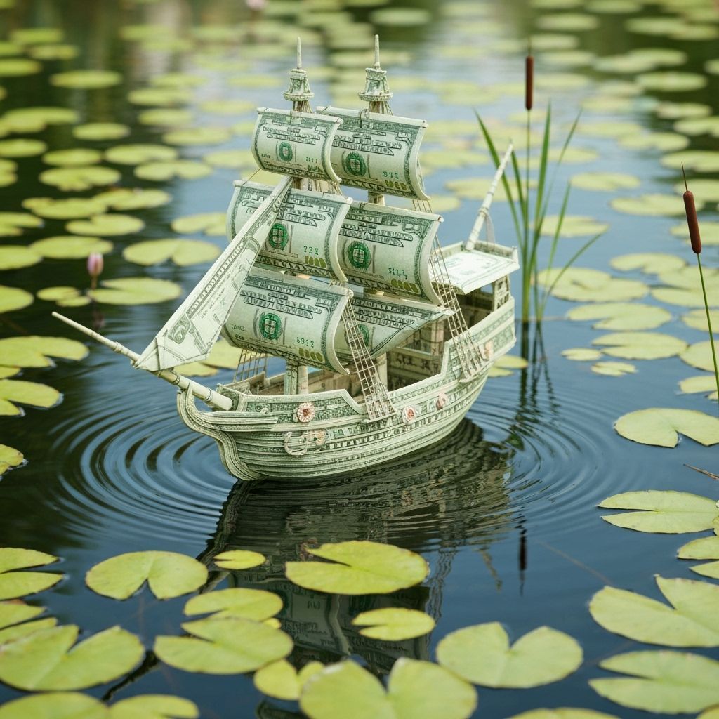 Origami Dollar Galleon on Serene Pond