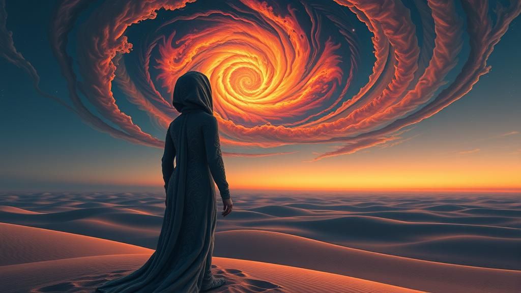 Surreal Desert Dreamer in Fiery Vortex Sky