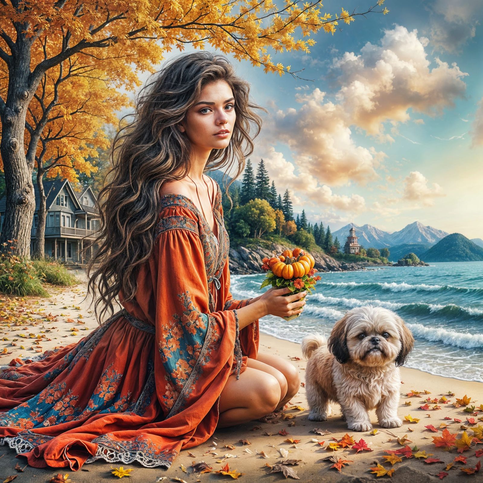 Woman and Shih Tzu Puppy on Autumn Beach Morning