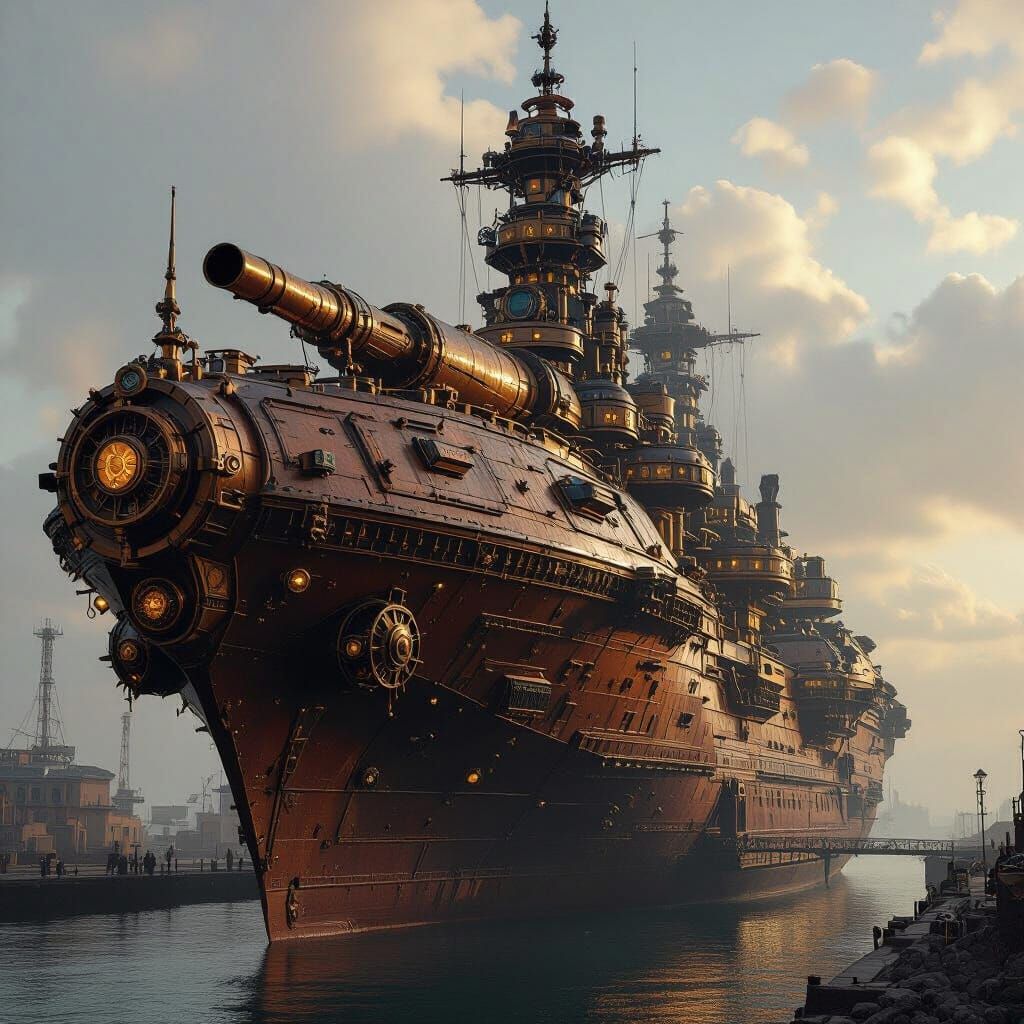 Massive Steampunk Dreadnought Flagship with Dual Turrets
