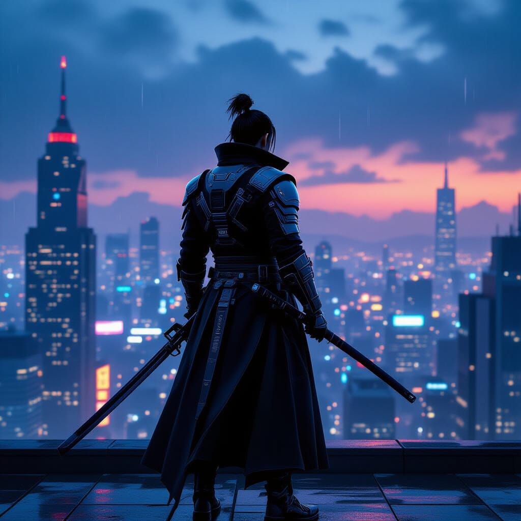 Cyberpunk Samurai Overlooking Futuristic City