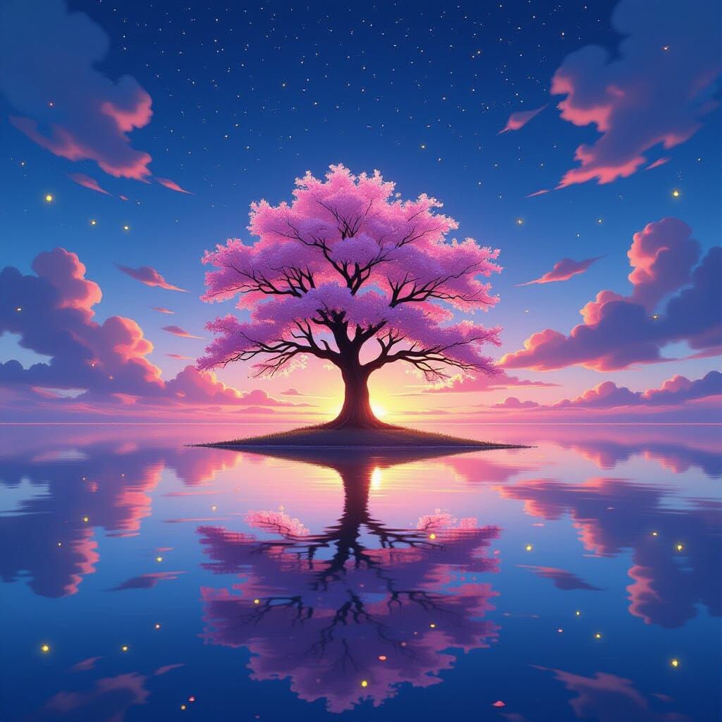 Sakura Tree Reflected Under Mystical Sunset Sky