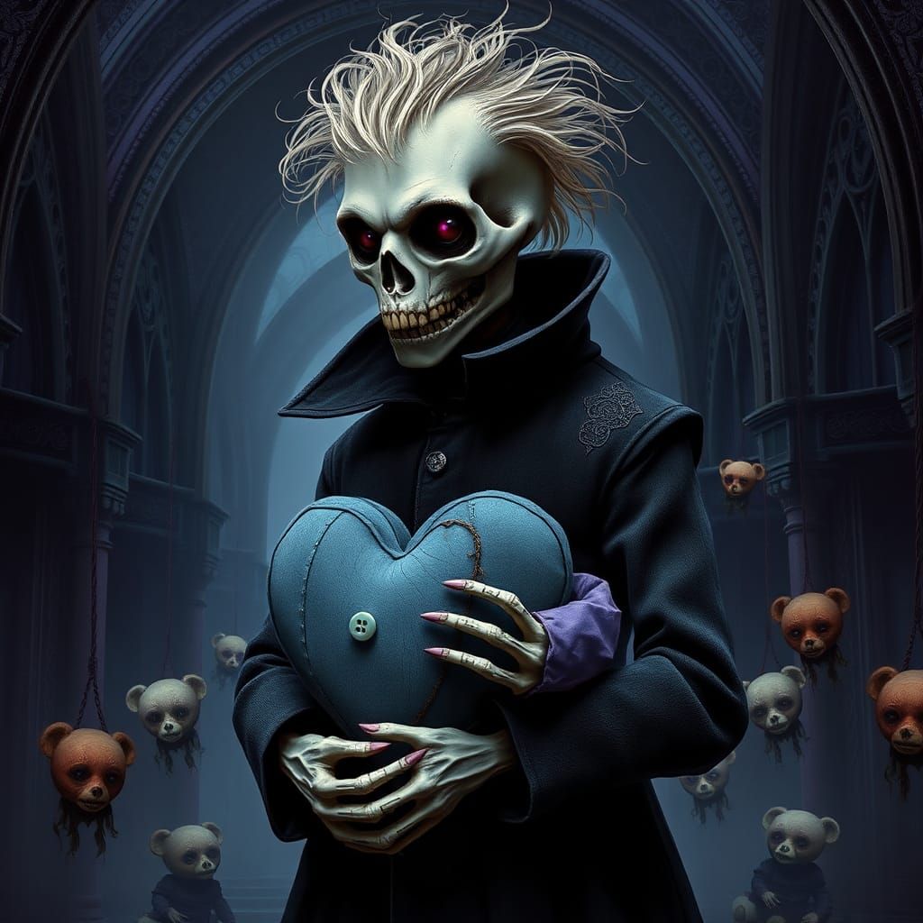 A gaunt, skull-headed creature with wild, ivory locks and bo...