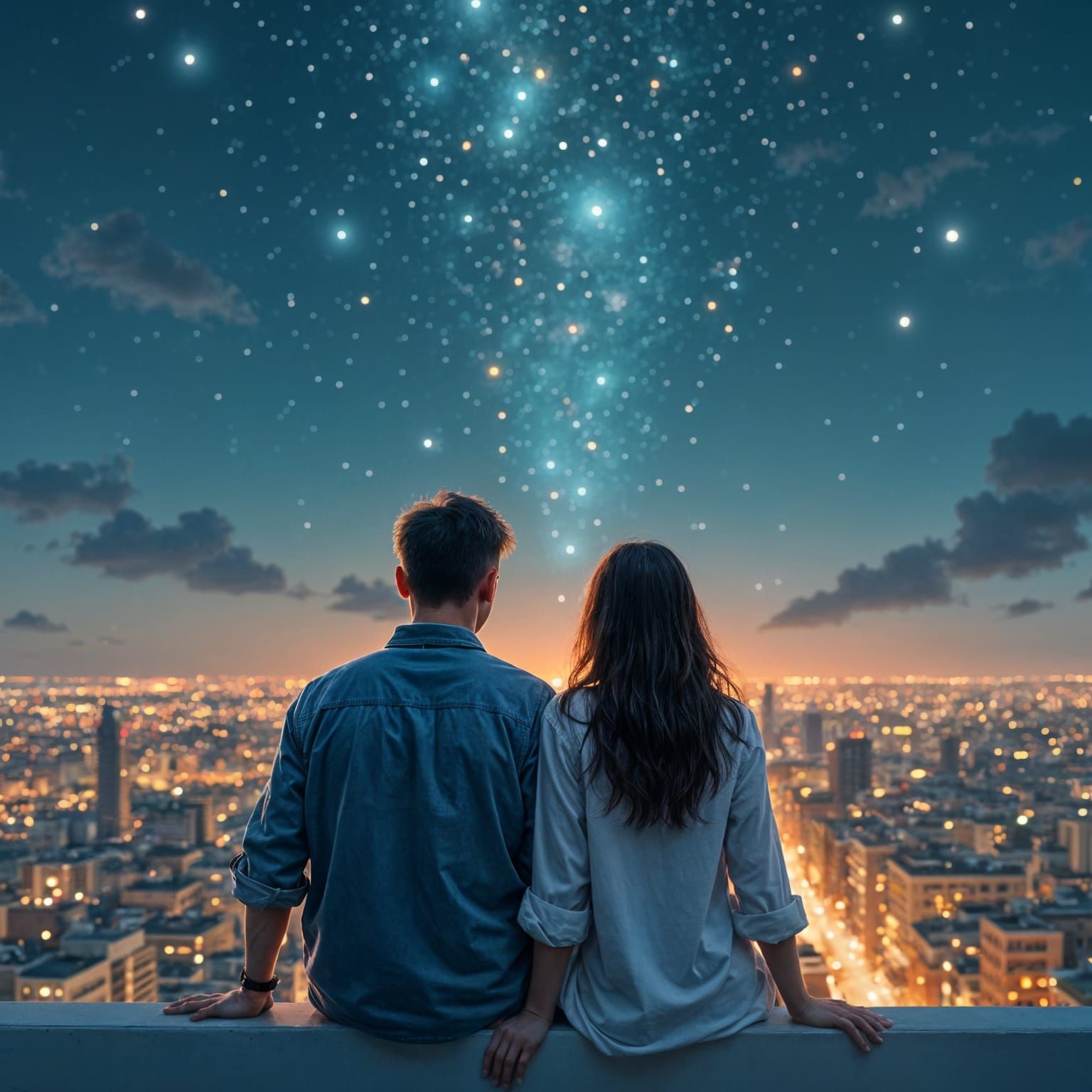 Girl and Vanishing Boy on Rooftop, Fantasy Art