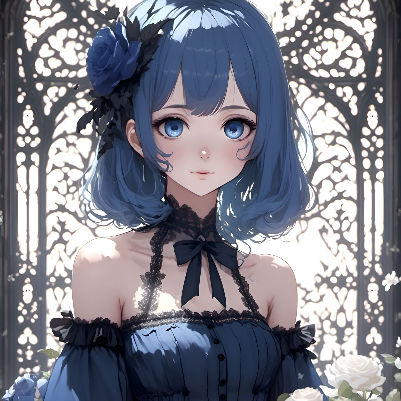 <lora:AnimeMixV2:1.0> manga, cuttest girl, gothic blue dress, delicate :1.2 ,