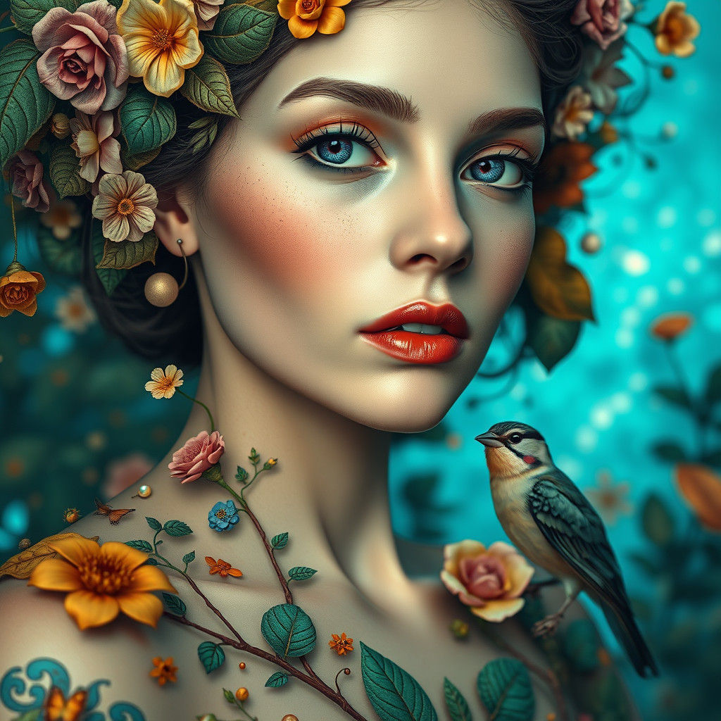 Porcelain Woman with Flowers in Surreal Dreamscape