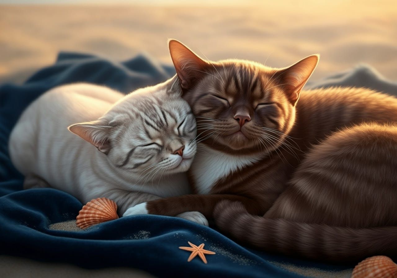 Sleeping Tonkinese Kitties on a Sandy Beach