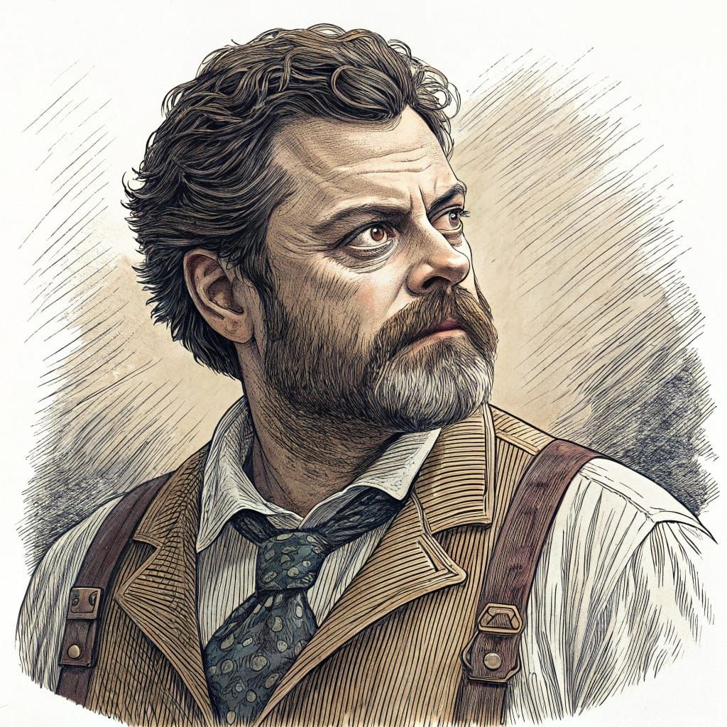 Hogarthian Masterpiece of Nick Offerman in Victorian Attire
