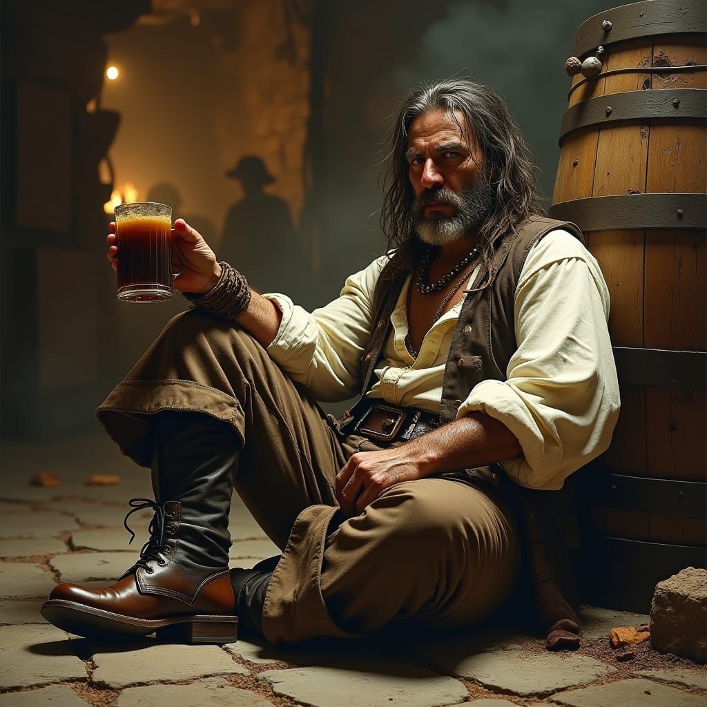 Disheveled Pirate in Gritty Tavern Scene