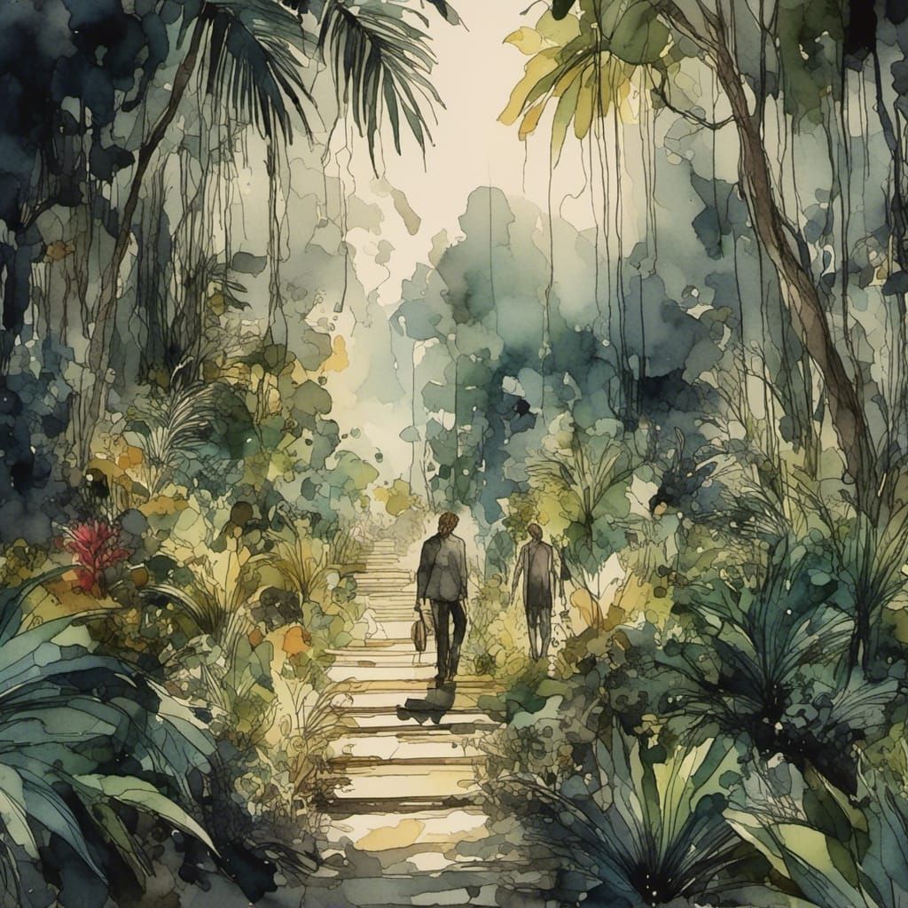 Tropical Jungle Walk in Digital Ink Style