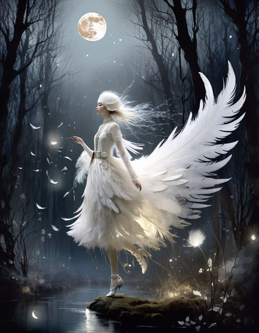 Ethereal Feather Floats in Moonlight: Fantasy Illustration
