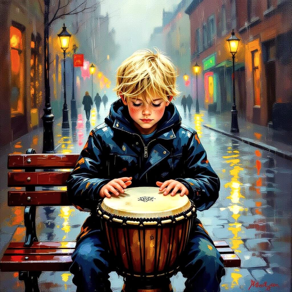 Boy with Freckles Plays Darbuka in Cold Rain