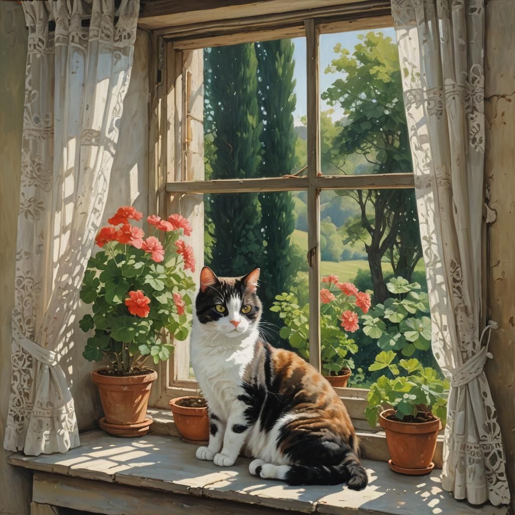 Sleeping Cat with Geraniums: Oil Painting