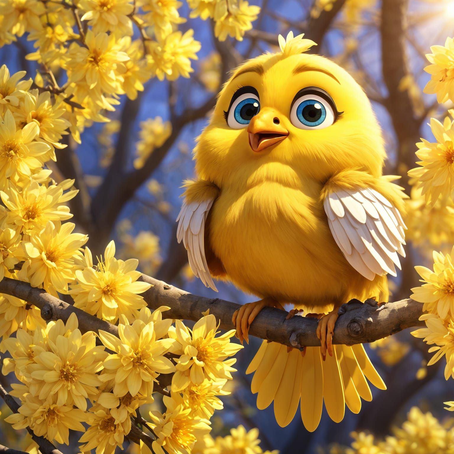 Adorable Yellow Bird in Forsythia Tree, 3D Digital Art