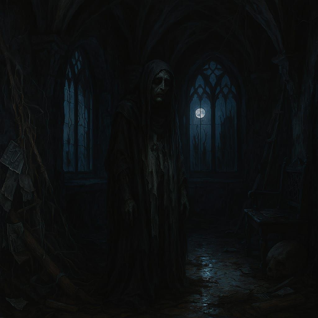 Eerie Figure in Gothic Interior with Haunting Shadows