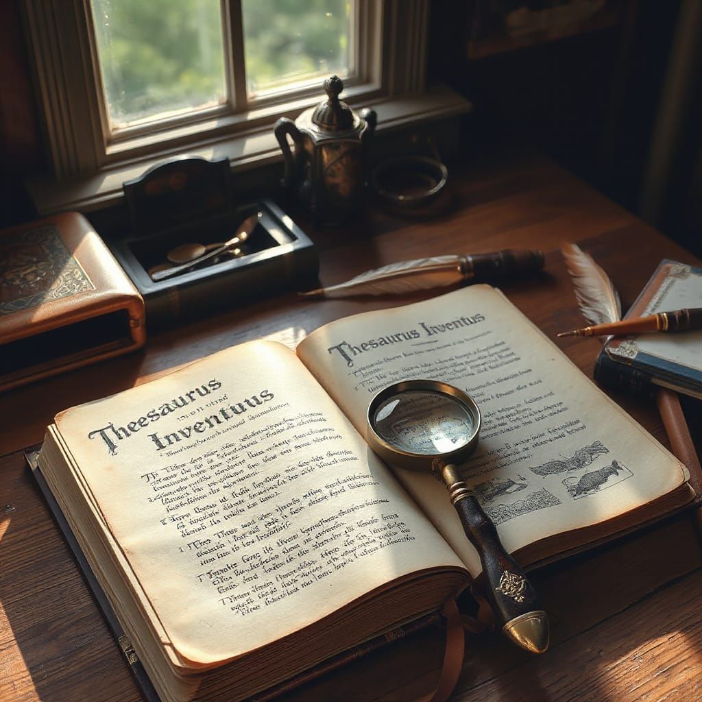 Ancient Thesaurus Book on Desk with Quill and Magnifying Gla...