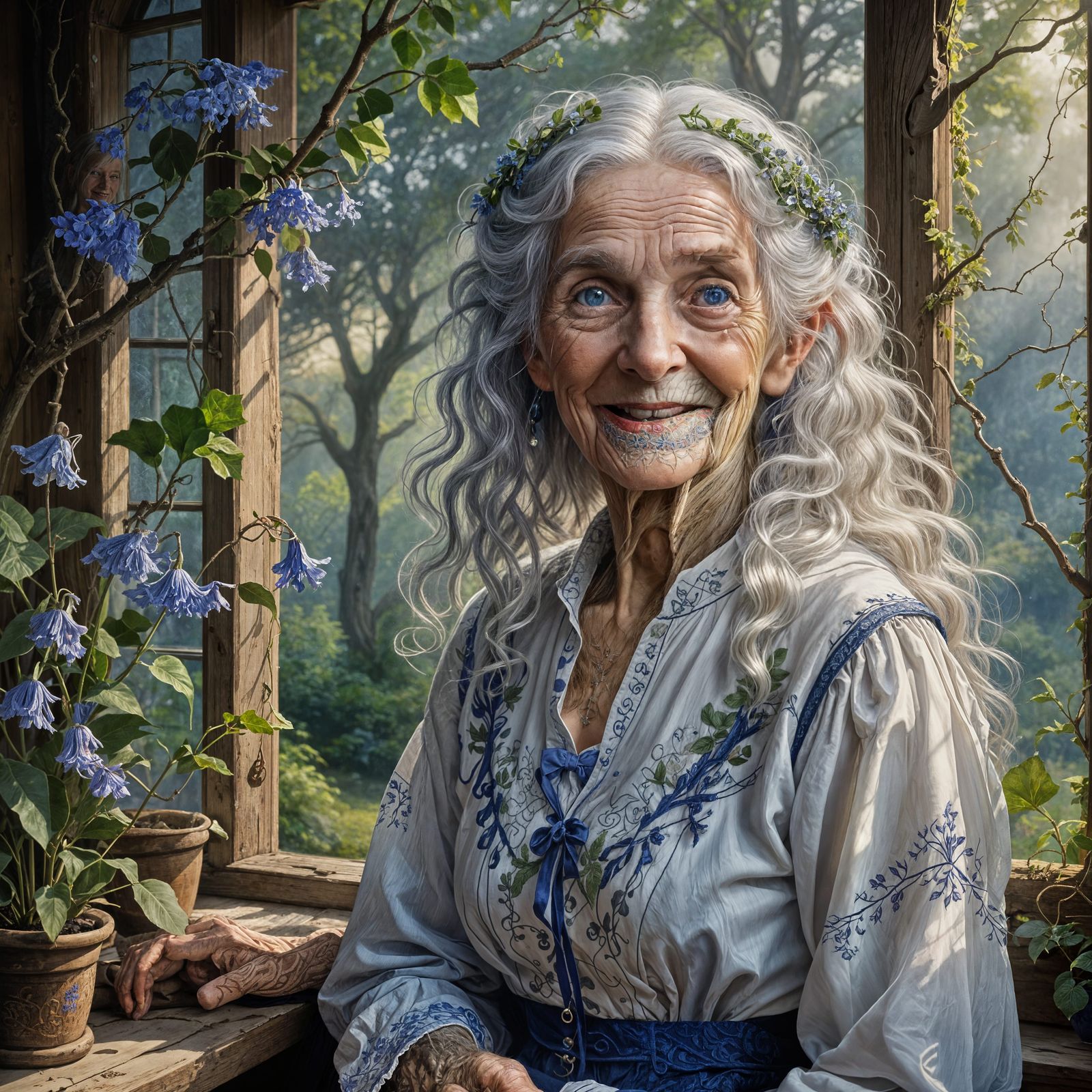 Smiling Elf Woman Portrait with Blue Eyes