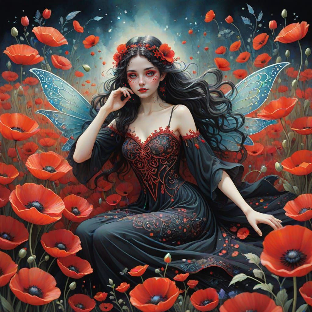 Enchanted Fairy Girl in a Vibrant Red Flower Field