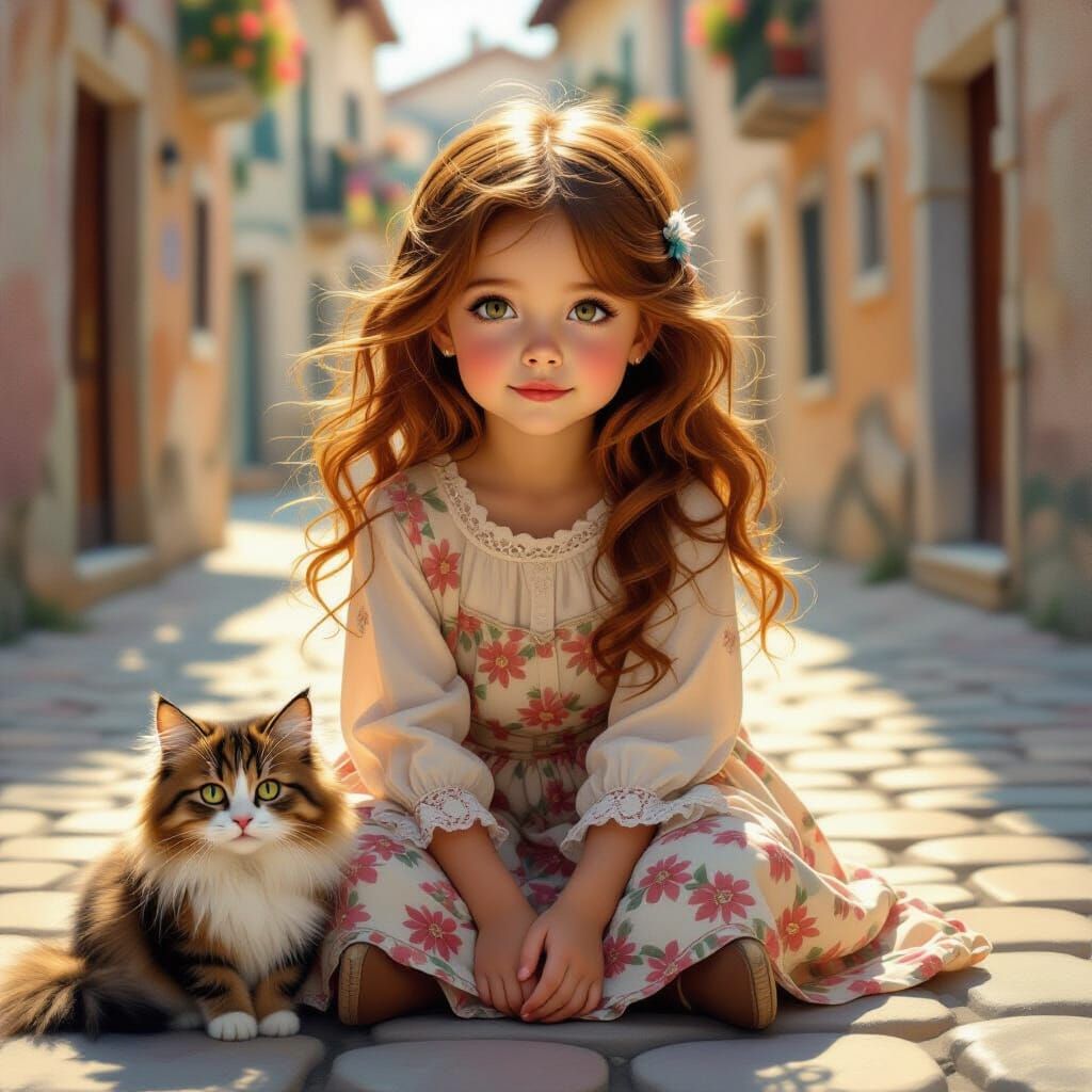 Girl and Cat in Whimsical Surrealist Oil Painting