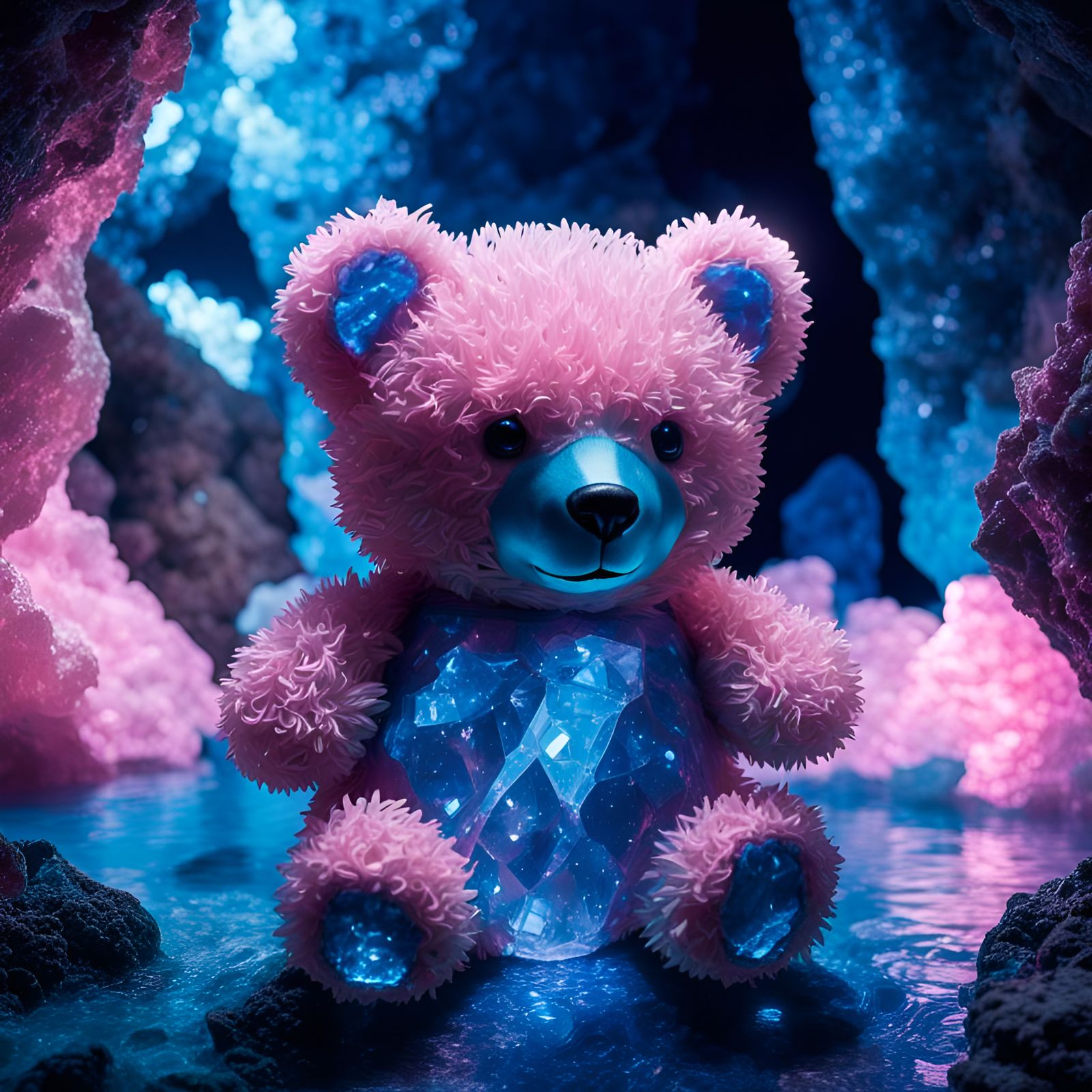 Glittering Pink Crystal Teddy Bear in Cave