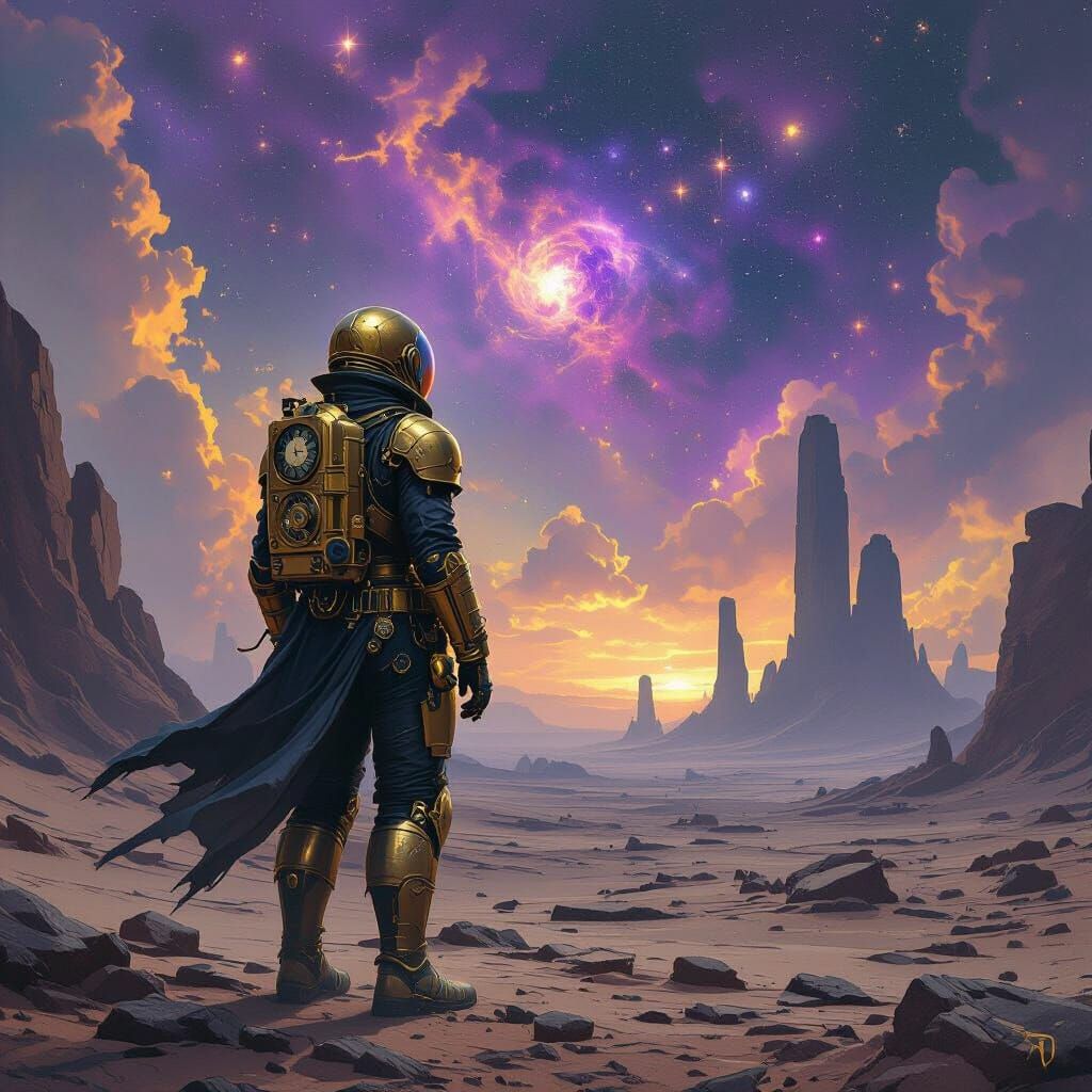 Explorer on Alien Planet in Pre-Raphaelite Style